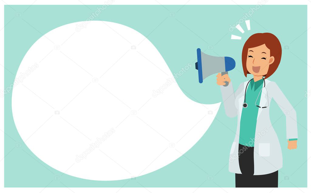 Vector flat cartoon character of woman doctor take microphone to announce.Doctor holding megaphone.