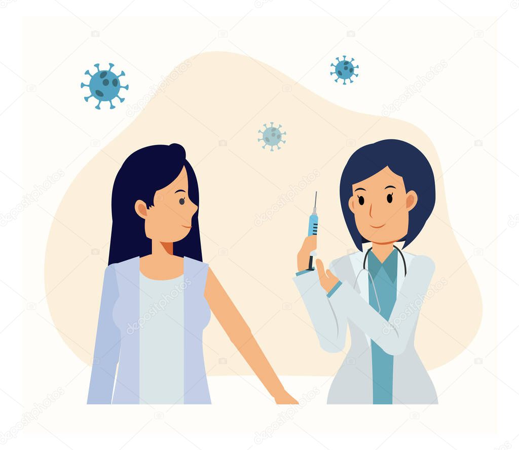 Female doctor is holding syringe of vaccine. The woman is ready to get vaccine. Coronavirus vaccine. Covid-19 concept. Vector flat cartoon character illustration.