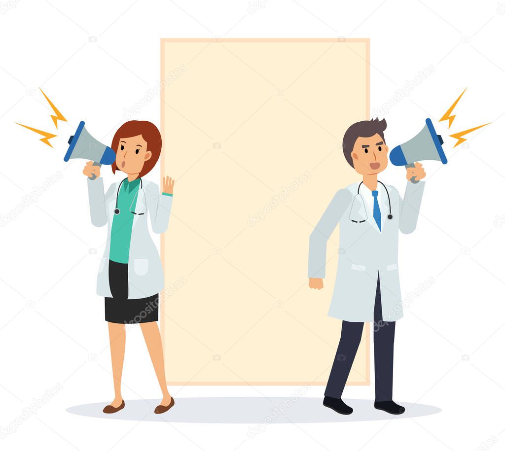 Vector flat cartoon illustration of 2 doctors making an announcement with a loudspeaker. Behind is blank board.