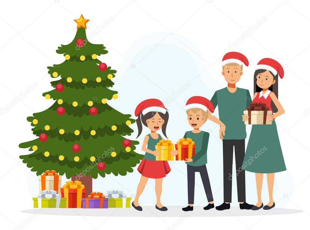 Happy family in Christmas hats are celebrating near christmas tree. Vector illustration of a flat cartoon character design.