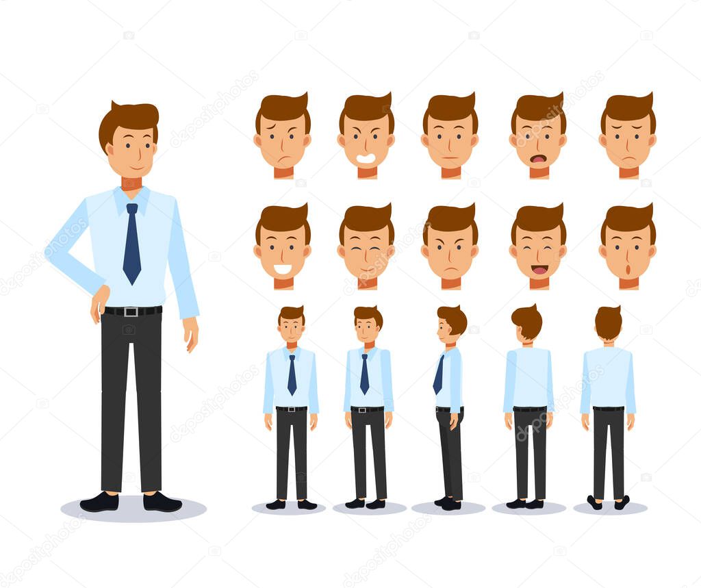 Front, side, back view animated character. Businessman Flat Vector Character creation set with various views, Cartoon style, flat vector illustration. Emotion.