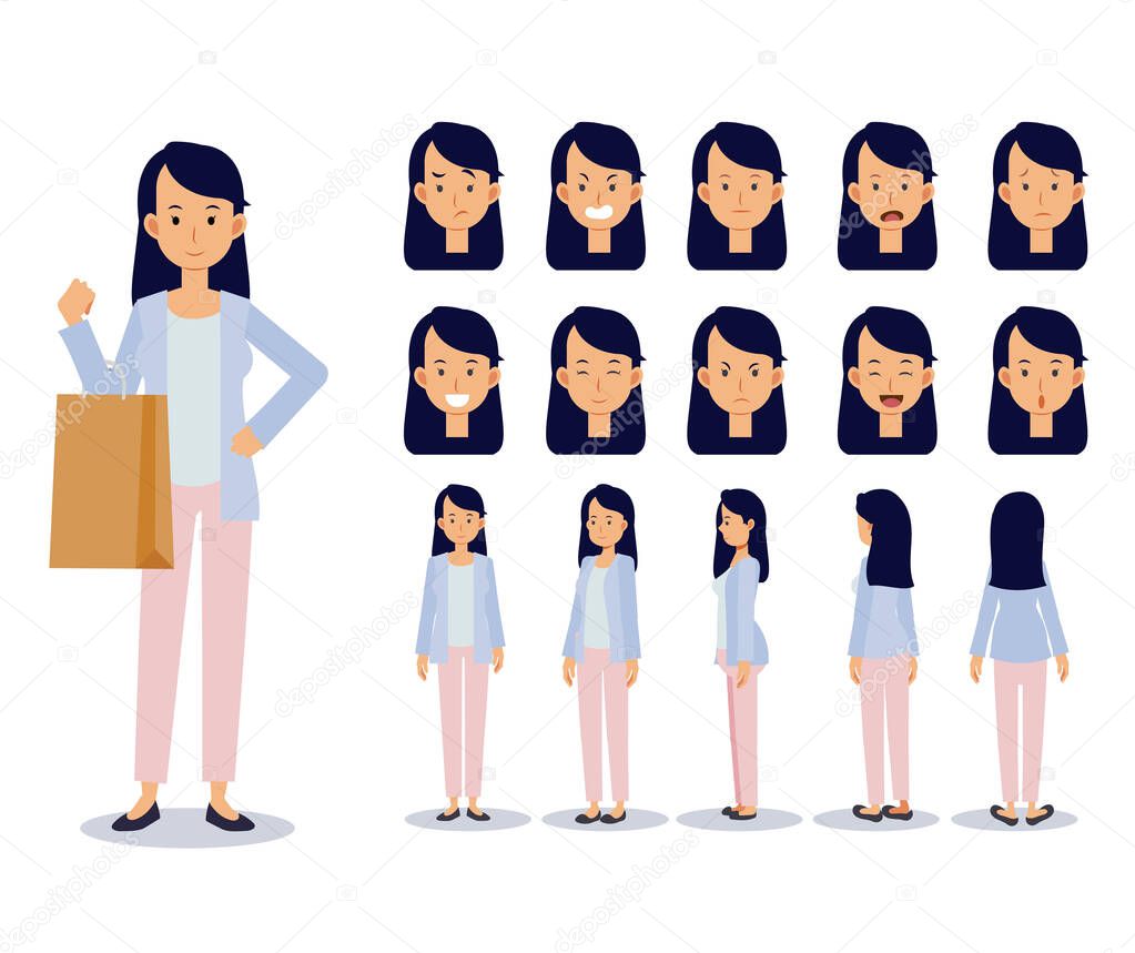 Set of Flat Vector Character woman wear casual clothing with various views, Cartoon style.
