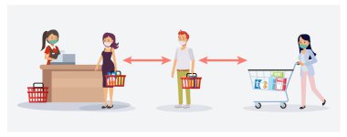 Düz vektör çizgi film karakteri çizimi markette sosyal mesafeyi gösterme, süpermarket konsepti.