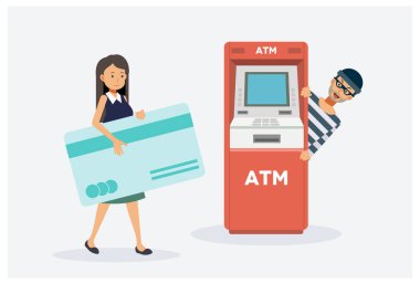 Kadın ATM 'den para çekmeye gidiyor, hırsızlık için bekleyen erkek hırsız. Hırsız konseptine dikkat et. Düz vektör karikatür çizimi