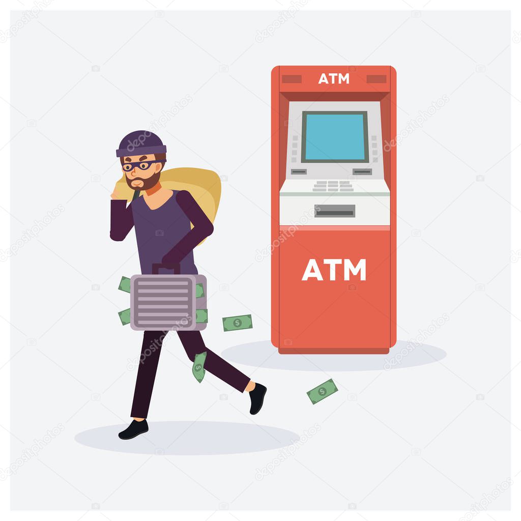 Male thief steals money from ATM, red cash machines, robber in mask. Criminal person, Flat vector cartoon character illustration.