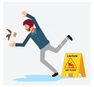 Şok adam ıslak zeminde kayıp düşmüş. Kahvesini de dökmüş. Yerler ıslanmış. Dikkat Islak Zemin İşareti, Tehlike İmza. Düz vektör Çizgi Film Çizimi Çizimi Çizimi