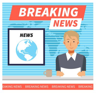 Flaş haber düz vektör çizimi konsepti. Televizyon stüdyosunda erkek haber spikeri.