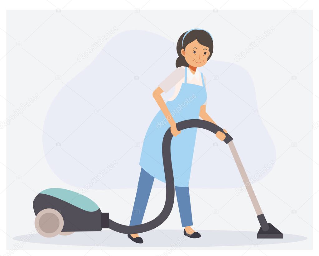 Housekeeper cleaning the floor by vaccum. Flat vector cartoon character.