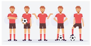 Futbol takımı, farklı hareketler gösteren futbolcu karakterleri. düz vektör karakter çizimi