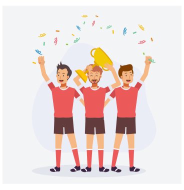 Futbol, futbol takımı oyuncuları kazandıkları altın kupayı kutluyorlar. Futbol ligi şampiyonları konsepti. Düz vektör çizgi film karakteri çizimi