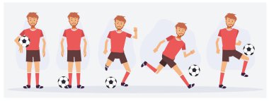 Futbol takımı, farklı hareketler gösteren futbolcu karakterleri. düz vektör karakter çizimi
