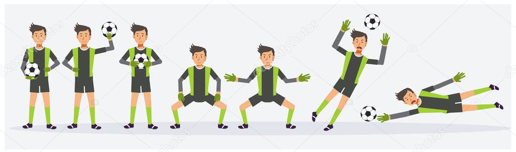 Collection set of Soccer,football goalkeeper playing is showing different actions. flat vector cartoon character illustration