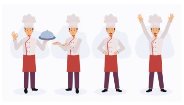 Çeşitli hareketlerde aşçı önlüğü giyen, iki elle rehberlik eden, mutlu eller havaya, büyük bir gülümseme takınan bir erkek şef. Düz vektör çizgi film karakteri.
