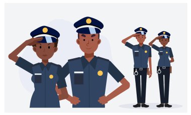 Afrikalı Amerikalı Polis, erkek ve kadın polis. Düz vektör çizgi film karakteri çizimi..