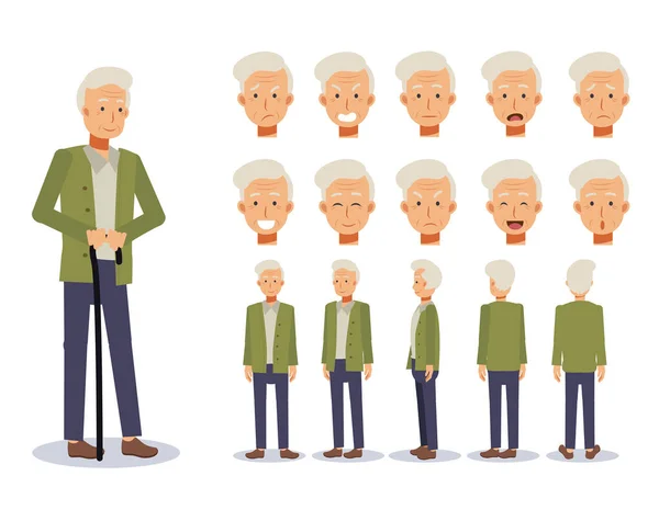 Flat Vector Illustration Set Old Man Front Side Back View — Stock Vector