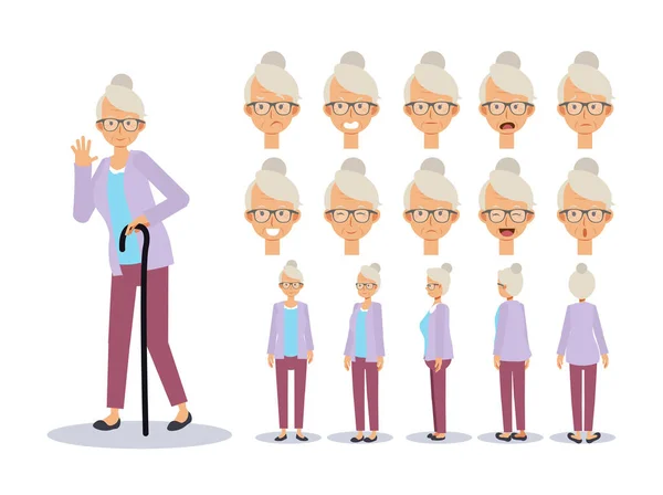 Flat Vector Illustration Set Old Lady Front Side Back View — Stock Vector