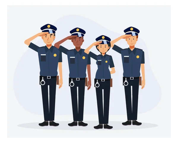 Uomo Donna Agenti Polizia Personaggi Sono Saluto Squadra Cops Flat — Vettoriale Stock