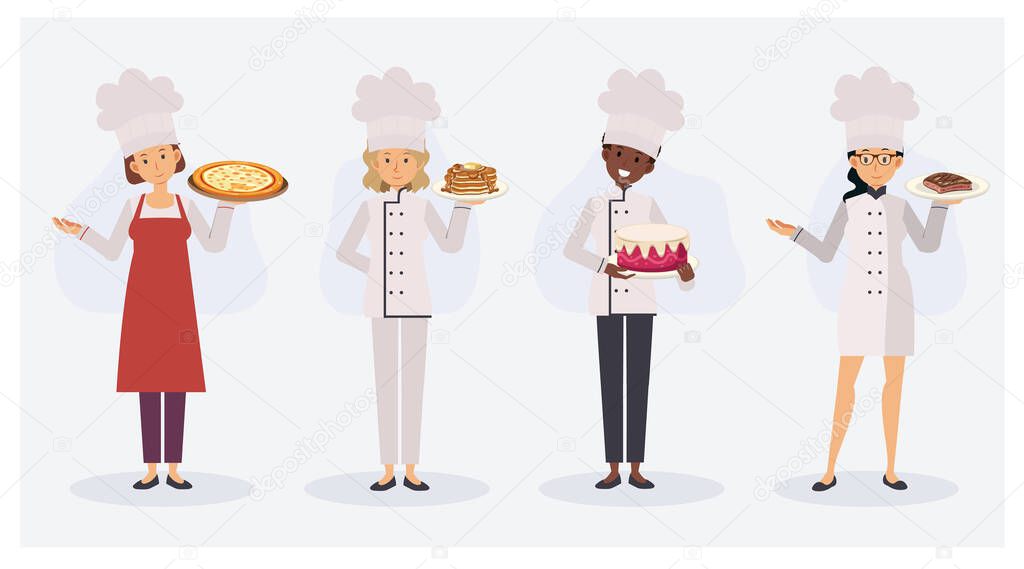 woman Characters Chef Cooking and Serving Food ,Flat cartoon Vector Illustration Set.