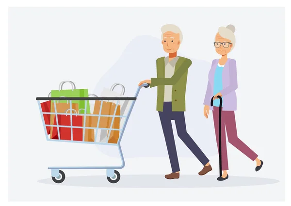 Starší Pár Nakupuje Supermarketu Happy Senior Pár Nakupování Flat Vektor — Stockový vektor