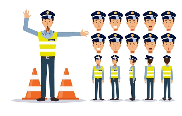 Set Flat Vector Character Illustration Traffic Policeman Various Views Cartoon — Stock Vector