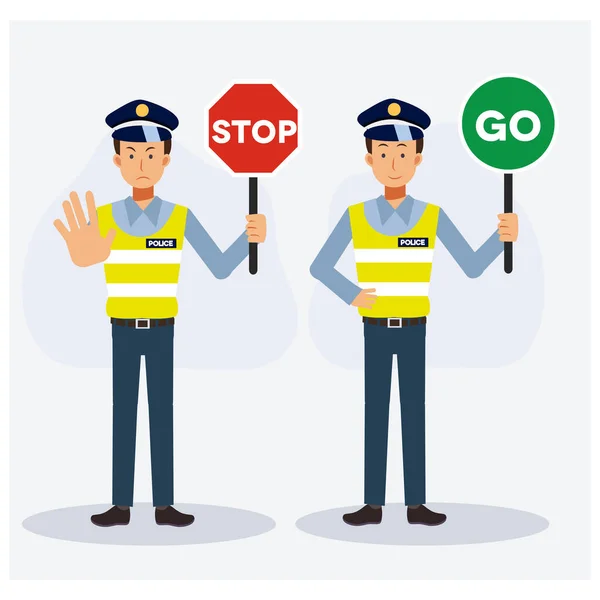 Trafik polisinin elinde dur ve git işareti var. Düz vektör çizgi film karakteri çizimi.