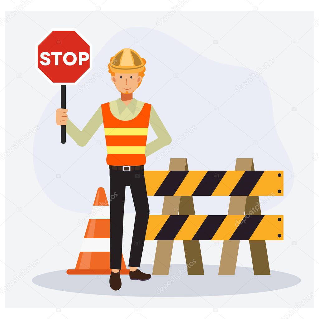 male engineer is holding STOP sign for warning under construction area, No entrance.  Flat vector cartoon character illustration.