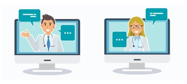 Çevrimiçi doktor ve hastane konsepti. Bilgisayar ekranında steteskobu olan doktor, tıbbi yardım istiyor..