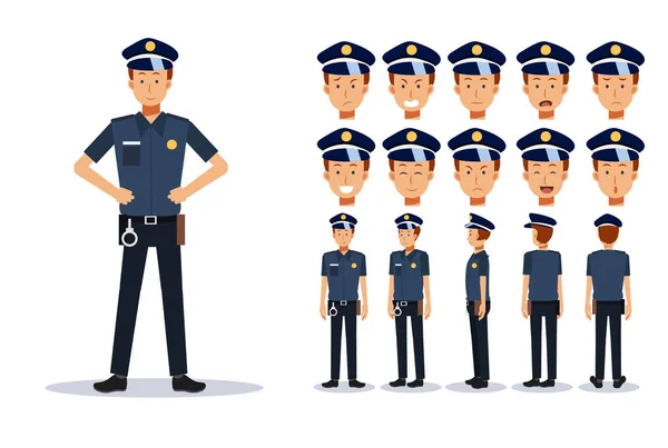 Policeman Various Views Cartoon Style Flat Vector Character Illustration — Stock Vector