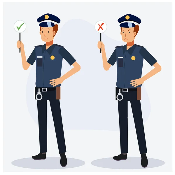 Polizist Mit Richtigem Schild Und Falschem Schild Flache Vektor Cartoonfigur — Stockvektor