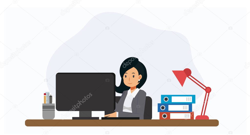 Business woman working at office desk with PC. Business people cartoon character flat vector illustration. 