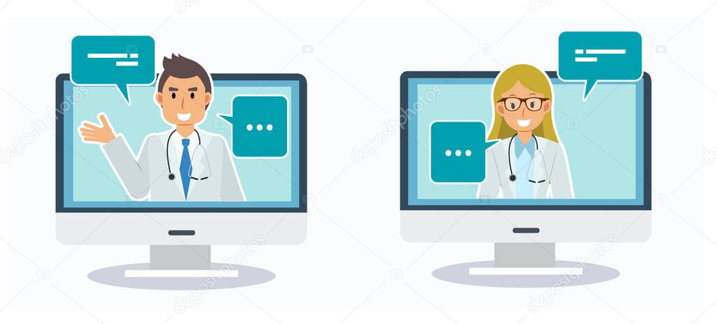 Online doctor and hospital concept.Doctor with stethoscope in computer screen,medical asking help online.