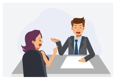 Resepsiyonda erkek danışmanı olan bir kadın var. Düz vektör çizgi film karakteri çizimi