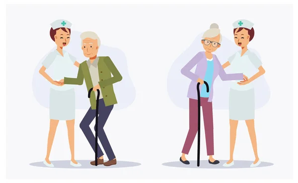 Female Nurse Assisting Elderly Woman Man Cane Flat Vector Cartoon — Stock Vector