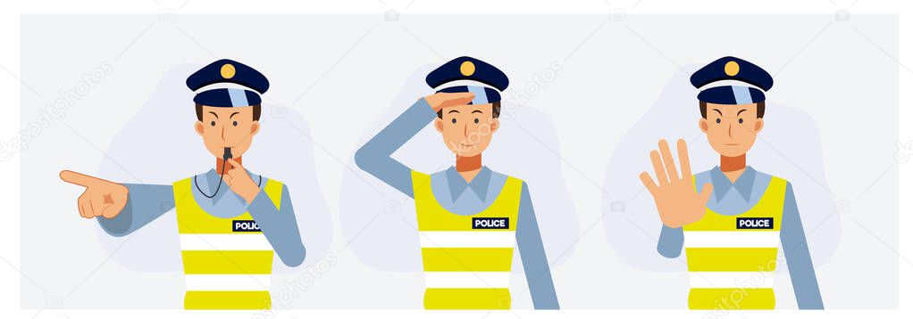 Set of male Traffic police officer in different pose. Flat vector cartoon character illustration.
