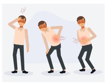 Bir erkek seti, vücudun farklı yerlerindeki acıdır, bir adam hastalandı. Sırt ağrısı, baş ağrısı, mide ağrısı. Düz vektör karakter çizimi