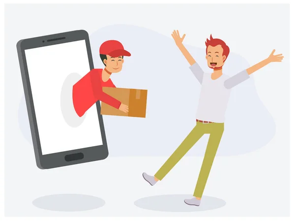 Teslimatçı, akıllı telefondan paketleri getiriyor. Çevrimiçi alışveriş ve dağıtım konsepti. Düz vektör çizgi film karakteri çizimi.