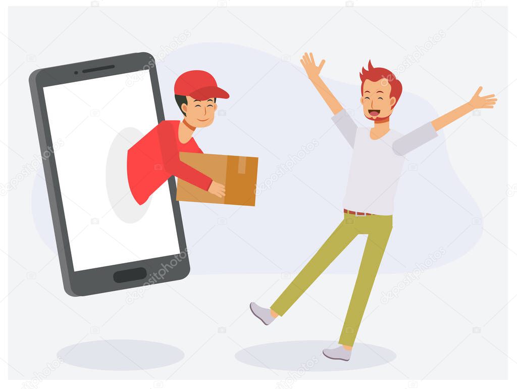 delivery man come out from smart phone and delivering package. Online shopping and delivery concept.Flat vector cartoon character illustration.