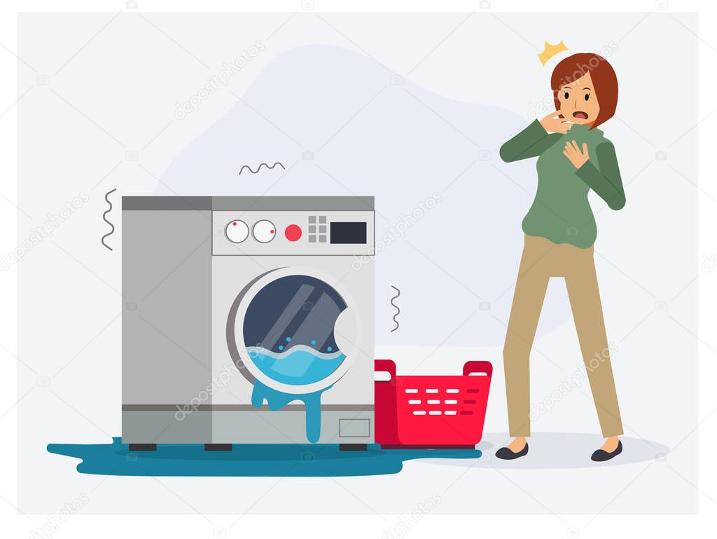 Woman is shocking due to her washing machine is broken , water flood out from  washing machine need to fix,repair. Flat vector cartoon character illustration
