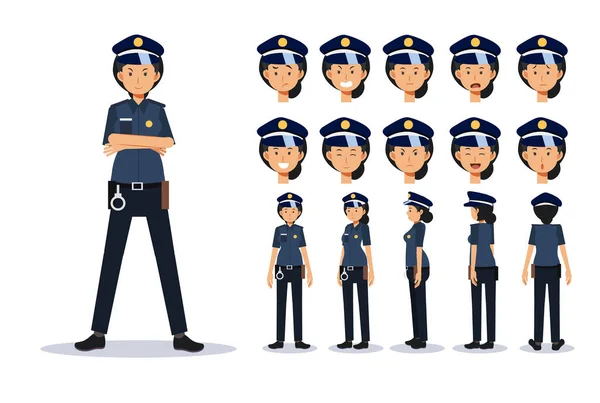 Policewoman Various Views Cartoon Style Flat Vector Character Illustration — Stock Vector