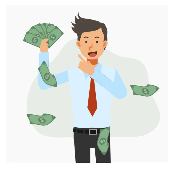 Szczęśliwy Biznesmen Pokazując Gotówkę Dolarów Płaskie Wektor Kreskówki Postać Ilustracja — Wektor stockowy