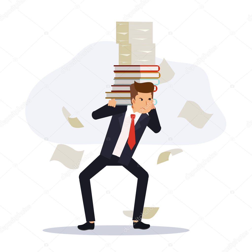 Businessman carrying a heacy stack of paper.Business concept too overload work.Flat vector cartoon character illustration.