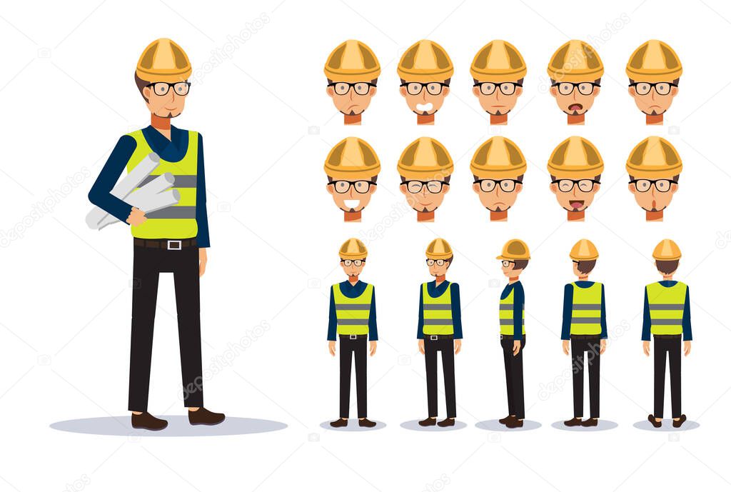 Male Engineer in various views, Cartoon style.Flat Vector Character illustration