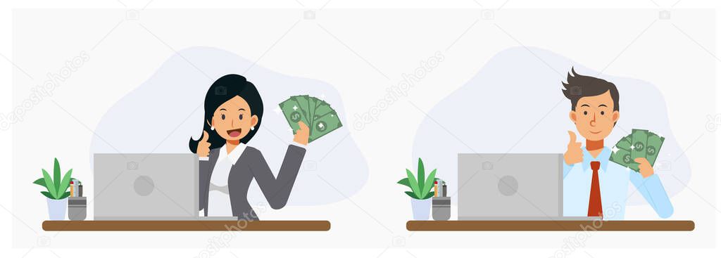 Man and woman are showing cash of dollars and thumb up. make money online concept,success.Flat vector cartoon character illustration.