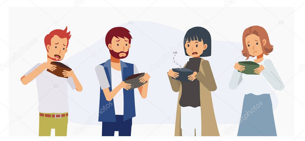 Set of men and women holding empty wallets.Financial problems, crisis, unemployment, poverty, bankruptcy.Flat vector cartoon character illustration.