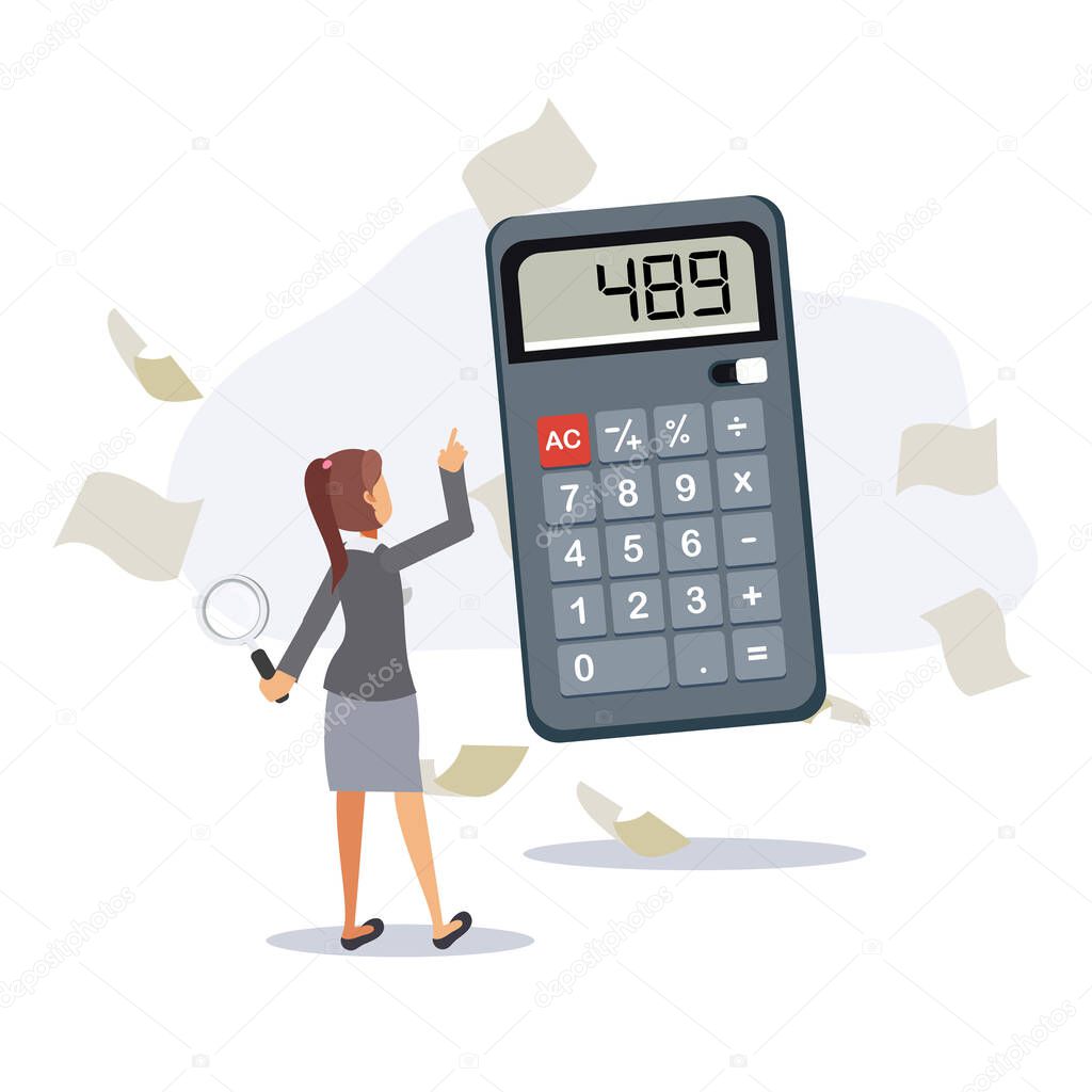 woman is using calculator,she is holding magnifying glass in hand surrounding by papers.Flat Vector cartoon character illustrations.