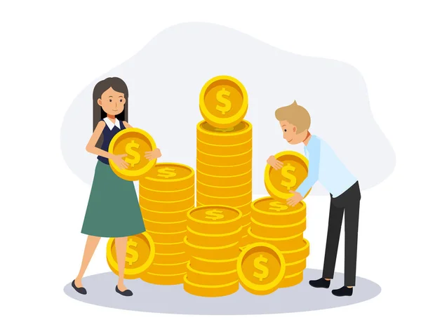 男と女はお金を節約するために互いに助け合います コインを運ぶ女性 貯蓄の金融概念 フラットベクトル漫画のキャラクターイラスト — ストックベクタ