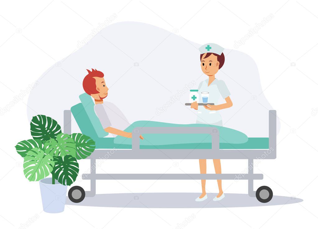 Nurse in patient room with medicine for the patient,time for medicine. Hospital, sickness and treatment concept.Flat vector cartoon character illustration.