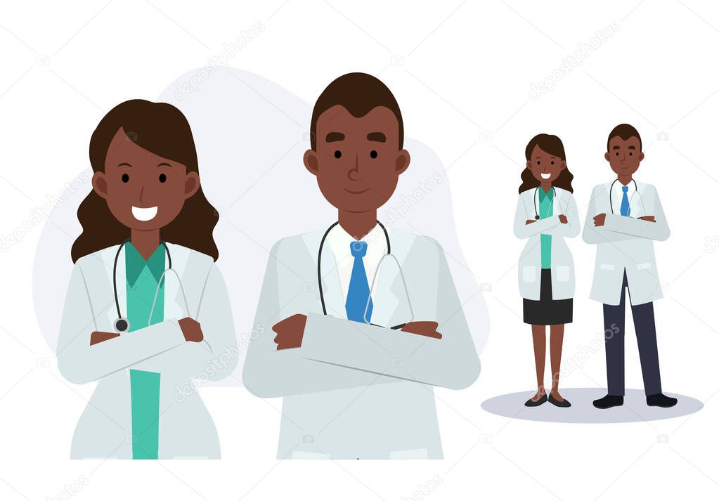 Team of doctors. Male and female doctors. African american doctors. medical staff, Flat vector cartoon character illustration.