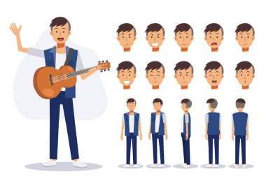 Farklı görünümlerde akustik gitarla günlük giysiler giyen bir adamın karakteri, düz vektör 2D çizgi film karakteri çizimi.