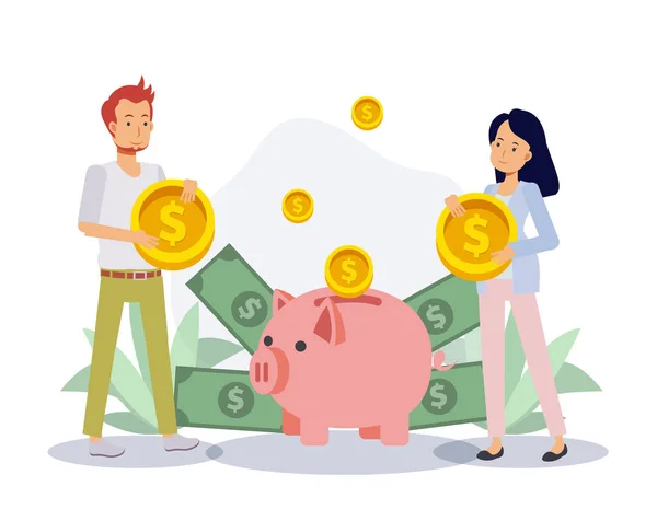 Erkek ve kadın domuz bankasında para biriktiriyor. Ekonomi ve finansal bağımsızlık, para tasarrufu. Düz vektör 2D çizgi film karakteri çizimi..